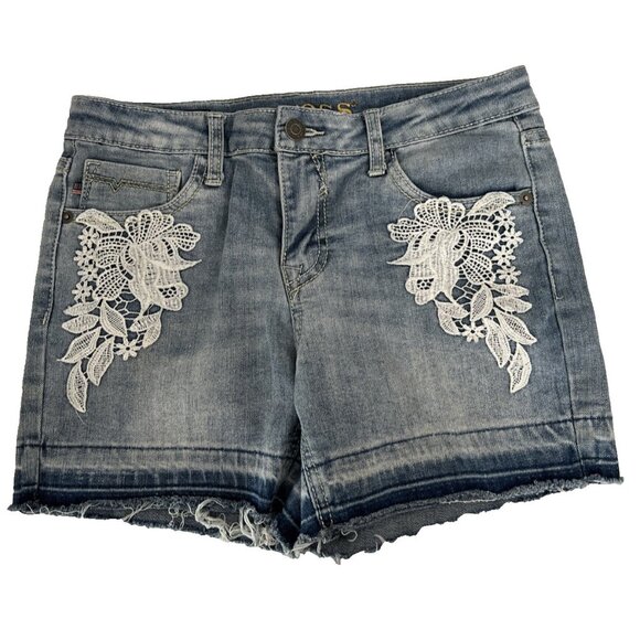 Vigoss Malibu Mid Short Denim Shorts Size 16 Blue White applique Raw Edges Zip - Picture 1 of 9